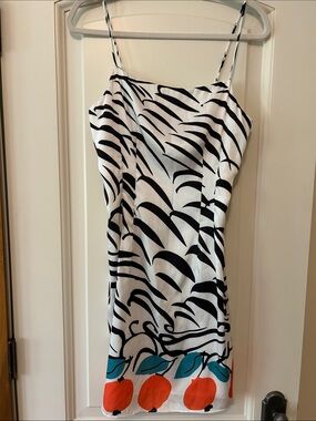 STAUD White Black Zebra-Print Mini Dress with Orange & Teal Fruit Border